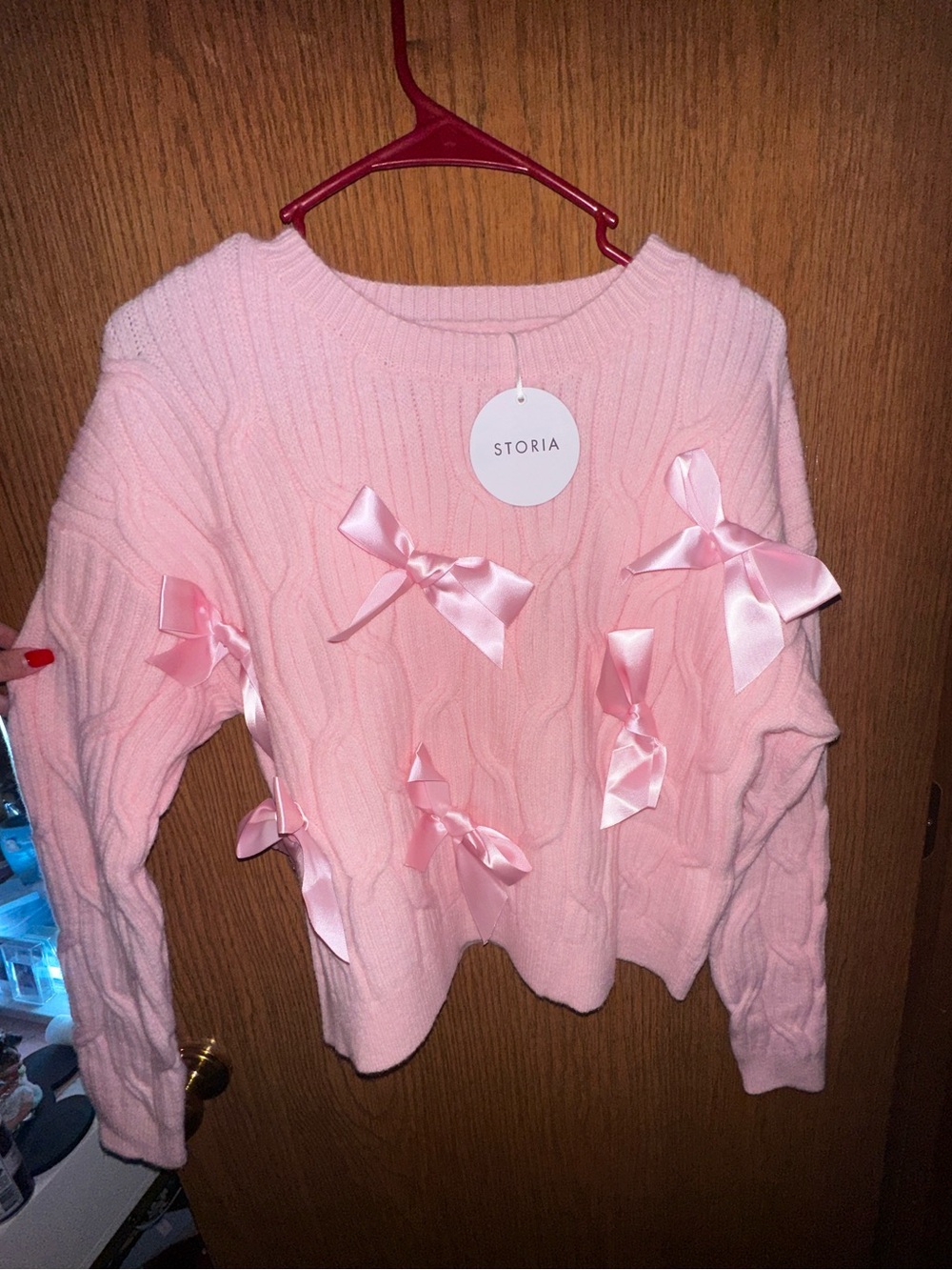 Storia Light Pink Cable Knit Sweater with Satin Bows
